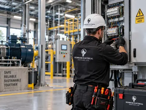 Industrial electrical maintenance at a control panel by Redbrook Electrical Services